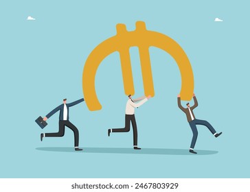 Teamwork for income and salary growth, cooperation for financial and economic stability, increasing investments or savings, increasing currency value, men carry a large euro sign.