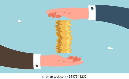 Teamwork for income and salary growth, cooperation for financial and economic stability, increasing investments or savings, increasing currency value, large hands protect the stack of coins.