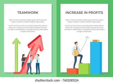 Teamwork and increase in profits representation with people working on arrow that indicates success and man with money. Vector illustration on white background