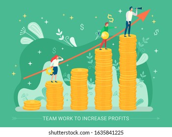 Teamwork to increase profits vector, chart made of money flat style. Finance success and development. Male with electric bulb and woman with cogwheel