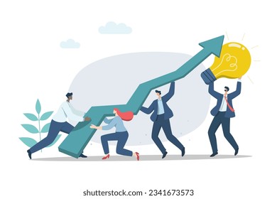 Teamwork to increase work efficiency and accomplished, Business team pushing the green graph and use effective ideas helps to lift the arrow graph to rise higher.
Vector design illustration.