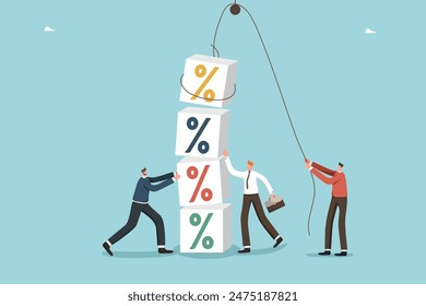 Teamwork in increasing investment portfolio, income or savings, cooperation in creating safe deposit boxes, partnership in receiving payments from share of investments, men folds cubes with percents.