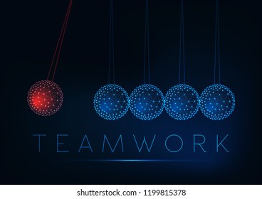 Teamwork and individual work concept with glowing low polygonal newton cradle. Futuristic wireframe design vector illustration.