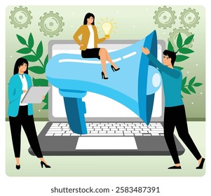 Teamwork with individuals collaborating on a large megaphone, symbolizing innovation and communication. Flat vector modern illustration 