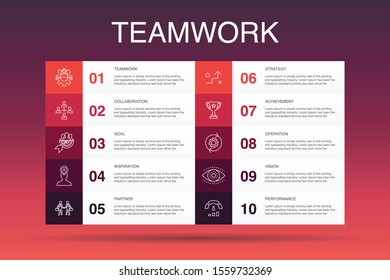 Teamwork Infographic 10 option template. collaboration, goal, strategy, performance simple icons