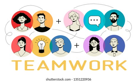 Teamwork infographic with colorful icons of people having a conversation and discussing business project. Vector icon set.