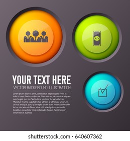 Teamwork infographic concept with editable text paragraph and three round buttons of different size and colour vector illustration