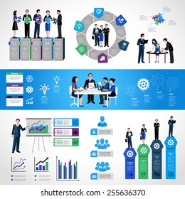 Teamwork infographic set with business people on conference meeting discussion symbols and charts vector illustration