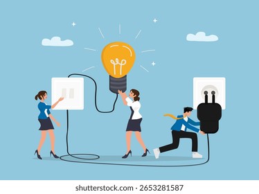 Teamwork Innovation and Creative Energy Concept – Business People Powering a Glowing Light Bulb with Plug and Socket as a Symbol of Collaboration, Idea Generation, and Solution