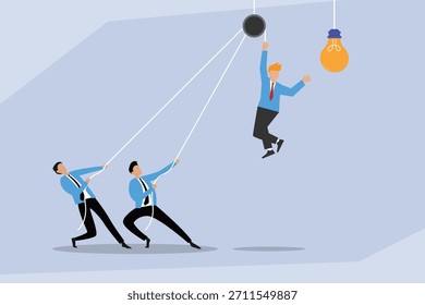 Teamwork for Innovation and Idea Generation: Pulley System 2d flat vector illustration