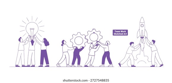 Trabalho em equipe e pessoas inovadoras colaborando para lançar um foguete com design de ideias