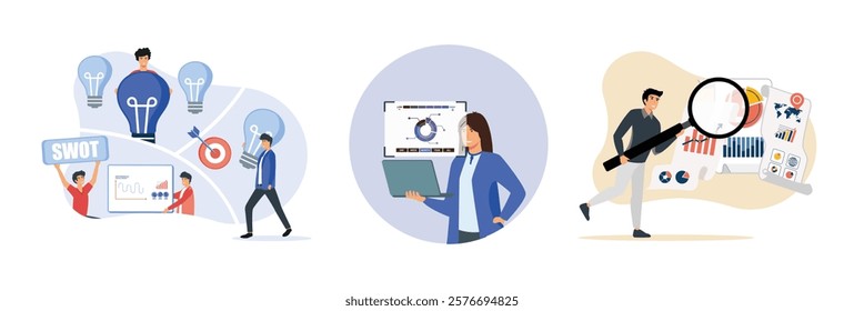 Teamwork and innovation, showcasing SWOT analysis. A Women presenting Analysis with a graph on a laptop screen. A man investigating data insights using a magnifying glass. 