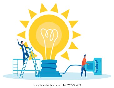 Teamwork for Innovations Concept Flat Illustration. Cartoon Man Plugging Lightbulb into Socket. Manager, Supervisor on Ladder Giving Instructions. Implementing Creative Idea, Launching Startup