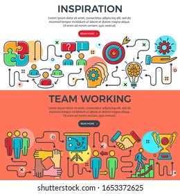 Teamwork and inspiration horizontal banners with colored line icons team, goal, inspiration and career. process infographics. concept team work. vector illustration