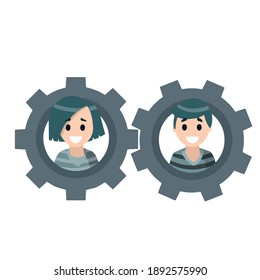 Teamwork. Interaction between people. Gear with the heads of characters. Abstract social concept. Relationship between men and women. Flat cartoon
