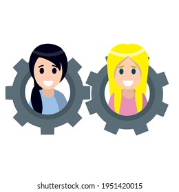 Teamwork. Interaction between people. Relationship between girl and women. Flat cartoon. Gear with the heads of characters. Abstract social concept