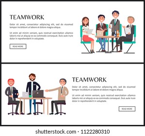 Teamwork Internet banners set with office employees. Colleagues sit around table and develop new strategy online promo posters vector illustrations.