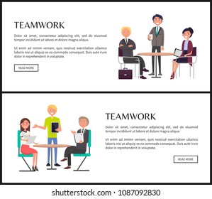 Teamwork Internet banners templates set. Business people sit around table and discuss projects vector illustrations on web pages with sample text.