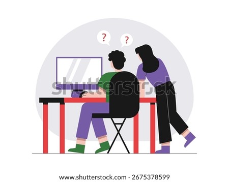 Teamwork internship helping each other complete tasks, collaborating at the office. Character design. Vector flat illustration