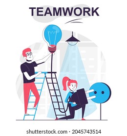 El concepto de dibujos animados aislados en equipo. Los colegas trabajan juntos en tareas de trabajo en el proyecto, en la escena de gente de oficina en diseño plano. Ilustración vectorial para blogs, sitio web, aplicación móvil, materiales promocionales.