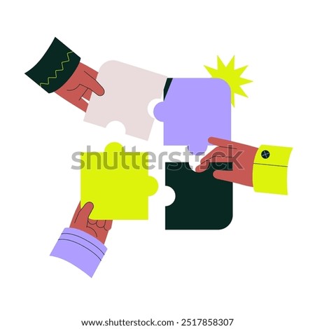 Teamwork in an isolated vector illustration showing hands connecting puzzle pieces, symbolizing collaboration, cooperation, partnership, and unity in achieving business goals and success.