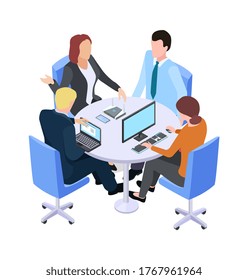 Teamwork. Isometric business meeting, people talking about project at table or working process. Brainstorm vector illustration