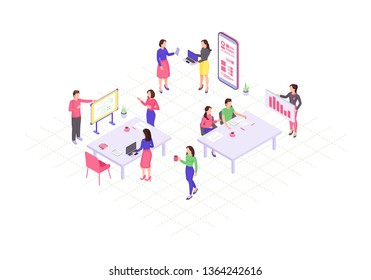 Teamwork isometric color vector illustration. Coworking, collaboration infographic. Marketing research. Project management. Business presentation, conference 3d concept. Webpage, mobile app design
