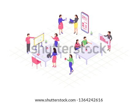 Teamwork isometric color vector illustration. Coworking, collaboration infographic. Marketing research. Project management. Business presentation, conference 3d concept. Webpage, mobile app design