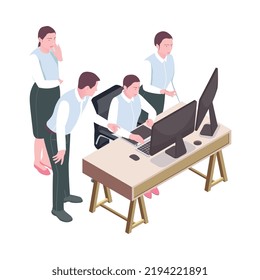 Teamwork isometric concept with office staff at their workplace in front of computer 3d vector illustration