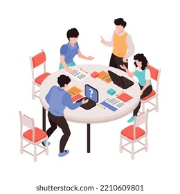 Concepto isométrico de trabajo en equipo con lluvia de ideas de la gente en ilustración vectorial de oficina 3d