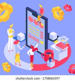 Estrategia de marketing isométrico de trabajo en equipo, ilustración vectorial.Los empresarios miran el concepto de diseño de tecnología de gráficos de infografía. Trabajo de análisis y gestión de datos web, proceso digital.