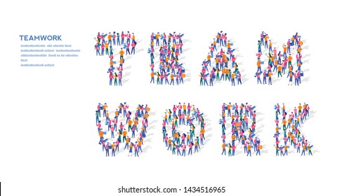 Teamwork Isometric Vector Concept, Group of business people are gathered together in the shape of teamwork word, for web page, banner, presentation, social media, Crowd of little people. 