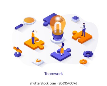 Teamwork isometric web concept. People work together, generate ideas, brainstorm, success collaboration of colleagues, business development scene. Vector illustration for website template in 3d design