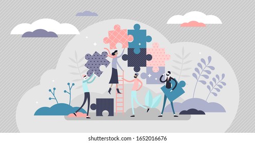 Teamwork jigsaw puzzle concept, flat tiny persons vector illustration. Stylized group work activity by assembling abstract project parts. Business partnership or startup team bonded relationships.