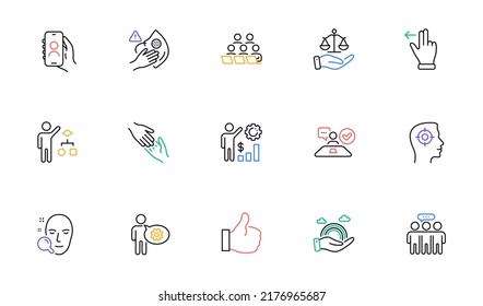 Teamwork, Justice scales and User call line icons for website, printing. Collection of Job interview, Face search, Recruitment icons. Cogwheel, Algorithm, Dirty mask web elements. Like. Vector