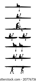 Teamwork kayakers paddling double kayak in competition race vector silhouette isolated. Sport man crew in kayak boat racing. Weekend team building on river. Sport canoe rowing in sprint. Athlete man.