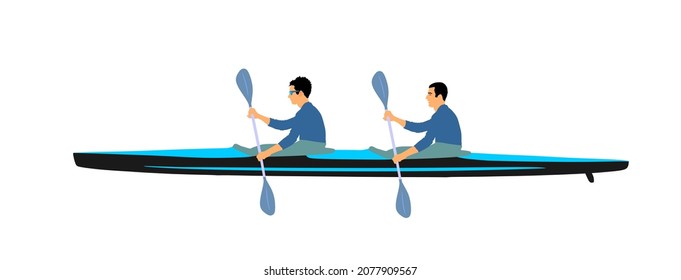 Teamwork kayakers paddling double kayak in competition race vector illustration isolated on white. Sport man crew in kayak boat racing. Weekend team building on river. Sport canoe rowing in sprint.