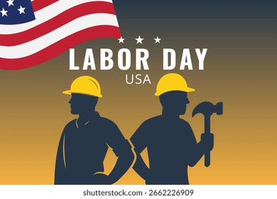 Trabajo en equipo de los héroes laborales con la bandera de Estados Unidos