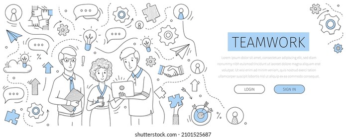 Teamwork landing page with doodle business people team and outline icons. Corporate employees discuss working issues, businessmen with laptop and woman holding coffee cup, Linear vector web banner