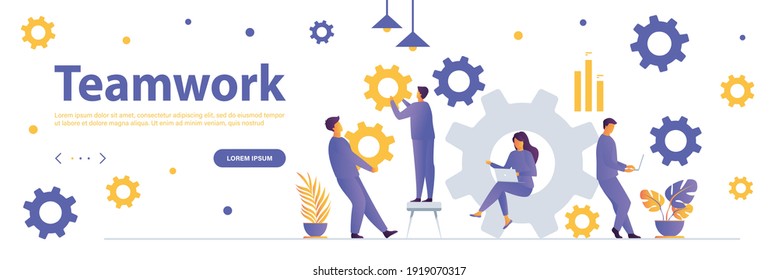 Teamwork landing page with people characters. Team building concept with puzzles web banner. Project construction process vector illustration. Flat design great for social media promotional materials.