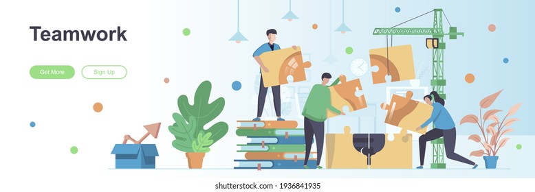 Teamwork landing page with people characters. Team building concept with puzzles web banner. Project construction process vector illustration. Flat design great for social media promotional materials.