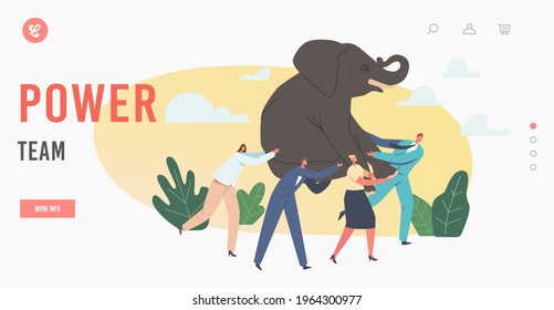 Teamwork Landing Page Template. Business Power Team Holding Huge Elephant on Hands, Businesspeople Teammates Characters Challenge, Go to of Success in Career. Cartoon People Vector Illustration