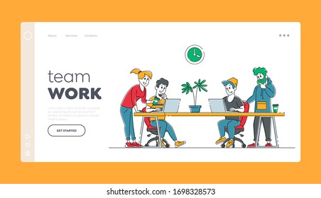 Teamwork Landing Page Template. Creative People Business Team Group Working with Laptops in Studio. Office Employees Characters, Businesspeople Work in Coworking Company. Linear Vector Illustration