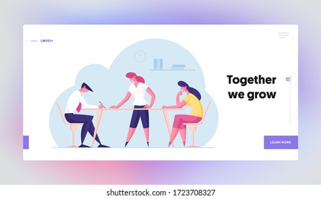Teamwork Landing Page Template. Office Businesspeople Employees Work in Company, Female Colleague Help Characters. Business Team Sit at Office Desk Writing, Working. Cartoon People Vector Illustration