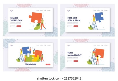 Teamwork Landing Page Template Set. Businesspeople Office Employees Group Set Up Huge Colorful Separated Puzzle Pieces Together. People Cooperation, Collective Partnership. Cartoon Vector Illustration