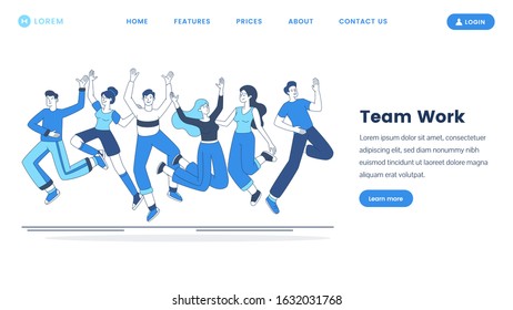 Teamwork landing page vector template. Team building courses website homepage interface idea with outline illustrations. Business cooperation, successful coworking webpage cartoon concept