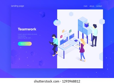 Teamwork. Landing page for web. A group of specialists interact with digital systems. Website design development. The working process. Modern vector illustration isometric style. Ultraviolet.