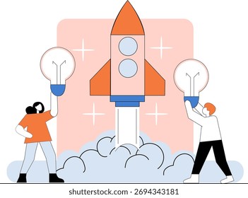 Trabajo en equipo lanzando un cohete con ideas de bombillas para una startup exitosa