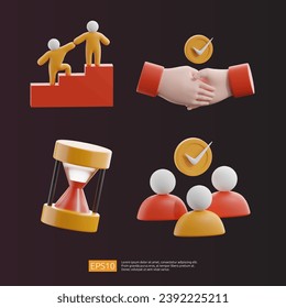 Teamwork Leader Help, handshake settlement or agreement, timer hourglass, Select right candidate. 3D icon render collection set vector illustration for business banner or landing page