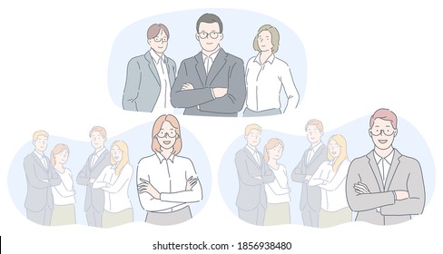 Teamwork, leadership, business concept. Smiling young business people partners office coworkers standing in teams and looking at camera in official clothing together vector illustration 